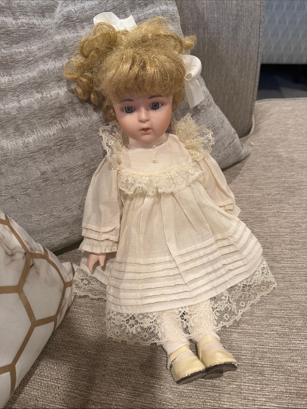 Vintage Porcelain Doll in Cream Lace Dress - Classic Collectible